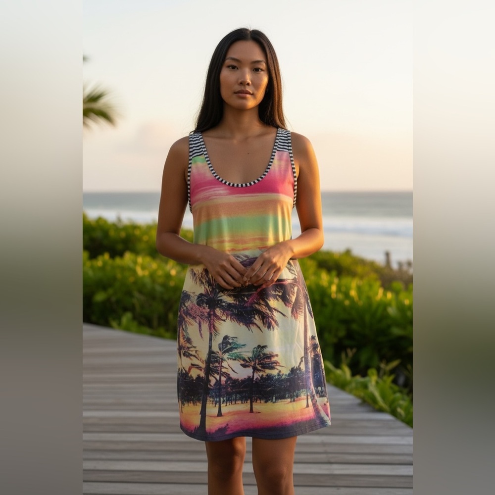 Roxy Tropical Palm Tree Sunset Tank Dress Small Beach Summer